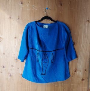 Phil Jacobs Vintage Blue & Black Cotton Pullover Corduroy Top